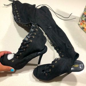 Black thigh high lace up open toed booties